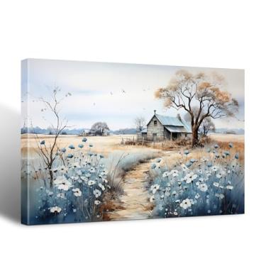 Imagem de BFKDKG Arte de parede em tela rústica emoldurada para casa de fazenda, linda pintura de campo, estampa de celeiro de flores silvestres, imagem de paisagem de natureza francesa, pôster para banheiro