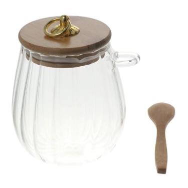 Imagem de hobbyme Recipiente de vidro de 595 g com tampa e colher de bambu, pote de vidro para acessórios de barra de café de açúcar (C)