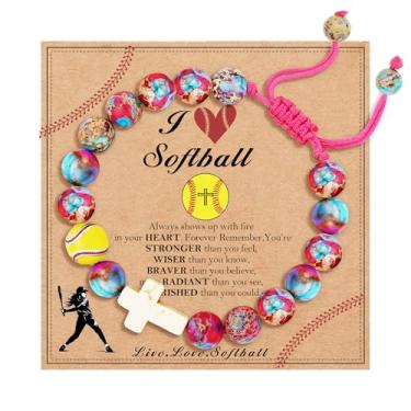 Imagem de DORANA Beisebol/futebol/voleibol/basquete/softbol/futebol presentes esportivos para meninas adolescentes pedras naturais contas cruz pulseiras cristãs religiosas presente de dia de jogo, Adjustable