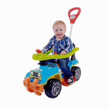 Imagem de Carrinho de Passeio Infantil 4 em 1, Azul e Laranja, com Haste Removível e Anel de Proteção, Suporta até 30kg