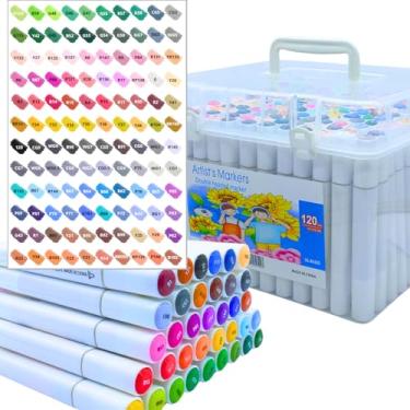Imagem de Conjunto De Marcadores Para Colorir A Base De Alcool 120 Cores, Canetinha Ponta Dupla Para Adultos E Crinças, Marcador Touch Markers, Marcadores Brancos Com Ponta Chanfrada E Fina (120 cores)