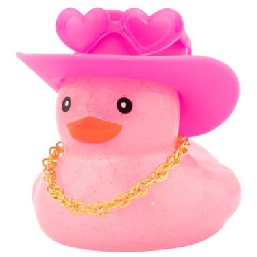 Imagem de wonuu Chapéu de cowboy rosa claro de patos de borracha para carro, decorações de painel de pato cintilante para acessórios de enfeite de carro com corrente de óculos de coração (rosa claro)