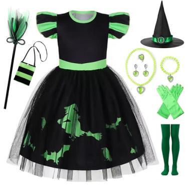 Imagem de RuuYiicoco 9 peças de fantasia de bruxa preta de Halloween para meninas, vestido rosa para crianças (preto, 5 a 6 anos)