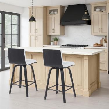 Imagem de Banqueta de barra giratória moderna Vienna com assento de couro sintético branco de neve e moldura de madeira escovada preta conjunto de 2