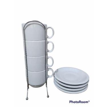 Imagem de Conjunto 4 Xícaras De Chá  4 Pires de Porcelana Branca 200 ml Com Supo