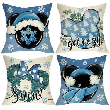 Imagem de Fjfz Capas de almofada decorativas azuis de inverno 45,7 x 45,7 cm, conjunto com 4, guirlanda de neve aconchegante, floco de neve, varanda, decoração de casa, pinho de Natal, sazonal, sofá, capa de