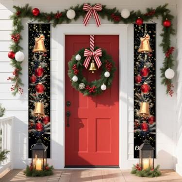 Imagem de BVBOX 2 peças de banner de porta de Feliz Natal 180 x 30 cm, bandeira de porta de varanda de Natal pendurada vertical para decoração externa, decoração de porta de festa de Natal para jardim de casa