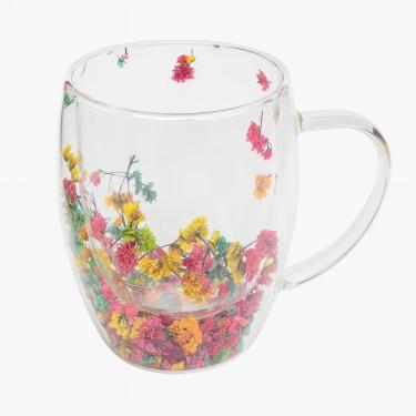 Imagem de Xícara de Vidro Parede Dupla com Flor Seca 350ml Decorativa