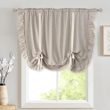 Imagem de Cortina transparente xadrez cáqui de amarrar para cozinha, banheiro, bolso para varão, casa de fazenda, linho voile para sala de estar, janela pequena, 1 painel de largura 139,7 x 119,4 cm de