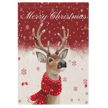 Imagem de Feliz Natal, rena, jardim, bandeira, 30,5 x 45,7 cm, dupla face, lado externo, floco de neve, poinsétia, Natal, sazonal, quintal, bandeira para jardim, gramado, pátio, decorações de férias