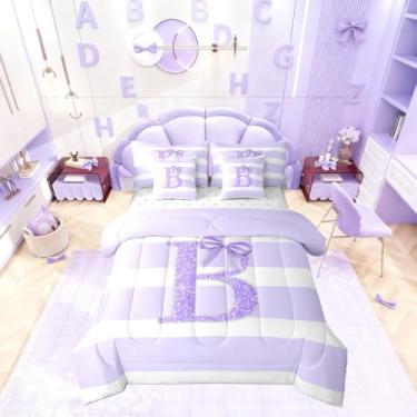 Imagem de Erosebridal Conjunto de cama casal com letra B, 7 peças, com laço, roxo, para crianças, meninas, adolescentes, mulheres, conjunto de edredom com monograma e laço kawaii, moderno, estético, listrado