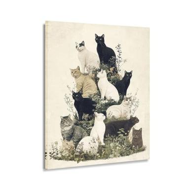 Imagem de CANLUNTE Arte de parede em tela da coleção Cute Cat - Pintura de gato branco preto cinza para decoração de sala de estar quarto (arte 2,8 cm x 45,7 cm sem moldura)