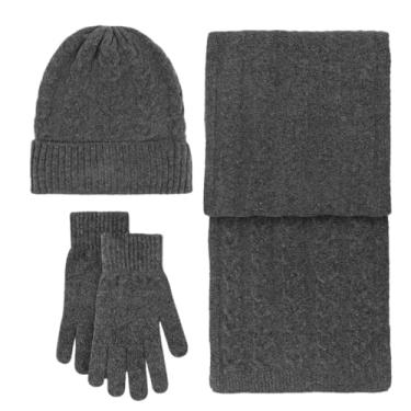 Imagem de Conjunto de 3 peças de gorro de inverno para mulheres e homens, conjunto de cachecóis de caxemira com forro de lã espessa, cinza, tamanho único