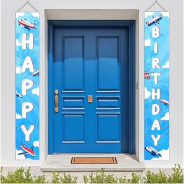 Imagem de Blue Airplane Happy Birthday Door Banner 5.9*1ft Plane Theme 1st 2nd 3rd Birthday Decor Vintage Retro Airplane Door Sign Porch Banner Aircraft Aviator Aviation Helicopter Jet Time Flies Party Supplies