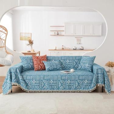 Imagem de HANDONTIME Capa protetora de sofá turquesa para cães, boho, borla, azul, capa de sofá de fazenda, tribal, asteca, para 3 almofadas, capa universal para decoração de casa, 180 cm x 118 cm