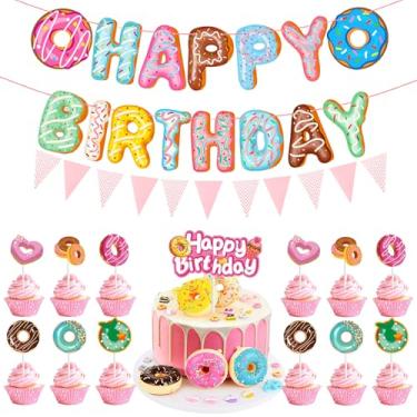 Imagem de 15Pcs Donut Theme Birthday Party Decorations - Donut Cake & Cupcake Toppers with Happy Birthday Banner & Pennant for Birthday Party Baby Showers Cake Decorations