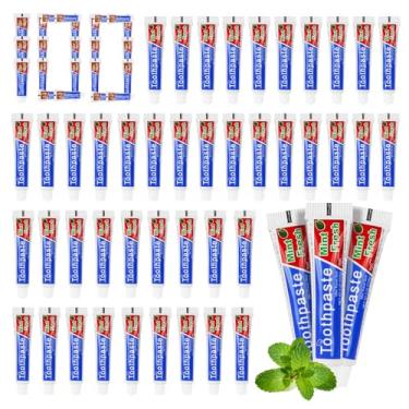 Imagem de HOIQIRY Pastas de dente tamanho pequeno para viagem de 7,9 g - Pacote com 100, pasta de dente descartável sabor menta 2 x 8 cm de uso único para hotel, acampamento, sem-teto, caridade, convidados