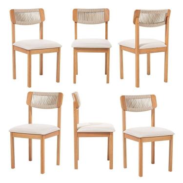 Imagem de Kit 6 Cadeiras com Encosto Corda Assento Estofado Florença Areia/Cru/Verniz Mel