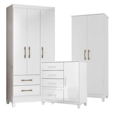 Imagem de Guarda Roupa Infantil Lima Com Cômoda Vênus Com Pés E Armário Multiuso Jade Branco Brilho - Moval