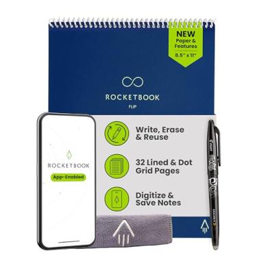 Imagem de Rocketbook New Flip - com 1 caneta Pilot Frixion e 1 pano de microfibra incluído - capa azul escura, tamanho carta (21,6 cm x 28 cm)