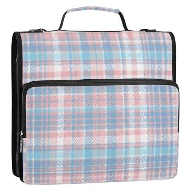 Imagem de Wassud Fichário azul claro com zíper xadrez 3 anéis com alça de ombro e alça vários bolsos expansível organizador de pasta de arquivos