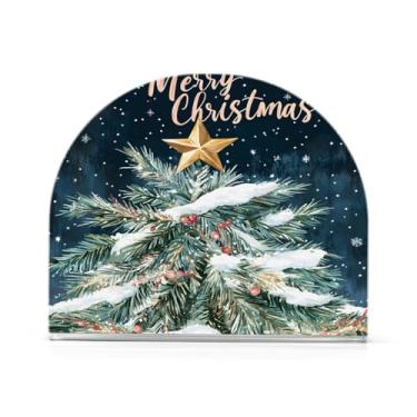 Imagem de Qilmy Porta-guardanapos de árvore de Natal e estrelas para mesas, porta-guardanapos de papel de placa acrílica elegante, dispensador de papel de seda independente moderno para sala de jantar, sala de