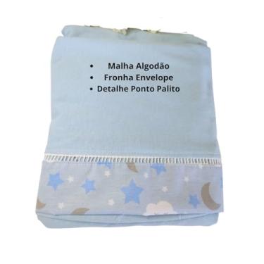 Imagem de Jogo de Lençol 2 Peças com Elástico para Berço Americano, Malha 100% Algodão, Estampa Estrelas e Lua, com Ponto Palito, 160x98x12cm (Azul Bebê)