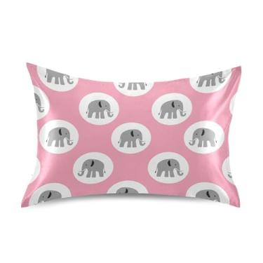 Imagem de Fronhas de almofada de cetim rosa com círculos de elefantes cinzentos, estampadas, refrescantes, macias, capas de almofadas personalizadas padrão King Queen tamanho padrão 66 cm x 50 cm