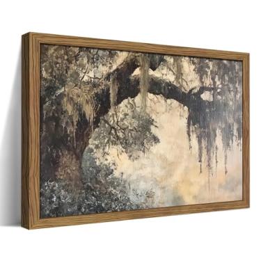 Imagem de Arte de parede em tela emoldurada Cottagecore, impressão de imagens vintage de carvalho vivo, pinturas a óleo de musgo espanhol de Charleston, decoração de parede do sul da fazenda Savannah para sala