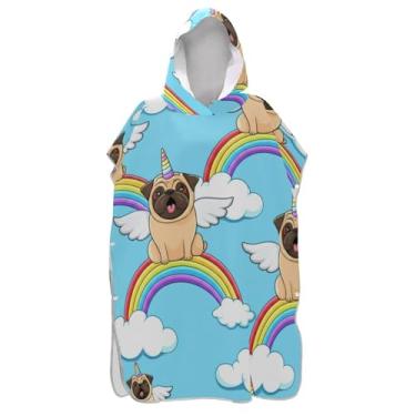 Imagem de Roupão de mudança de poncho de surfe para toalha de banho com capuz de praia plus size poncho masculino com capuz fofo Pug arco-íris unicórnio