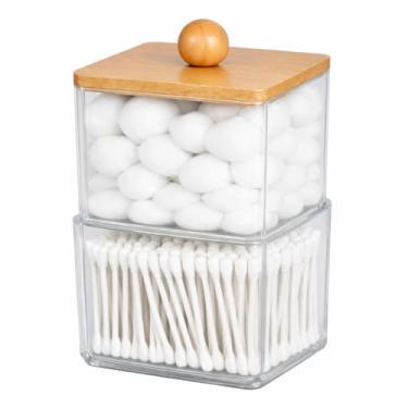 Imagem de Kit 2 Porta Organizador de Cotonete ou Algodão Acrílico Redondo com Tampa de Bambu Premium Sustentável Decoração Organizadora Design Moderno Ideal para Banheiros, Lavabos e Penteadeiras