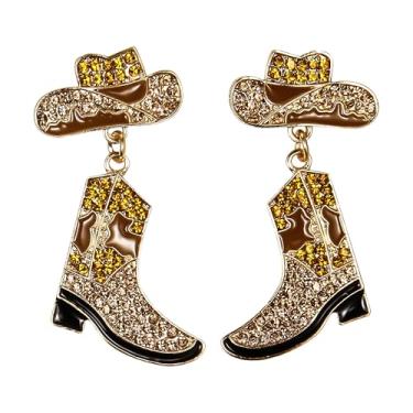 Imagem de Brincos de chapéu de bota de cowboy para mulheres, brincos pendentes de strass ocidental, Small, Zinco, Sem pedra preciosa