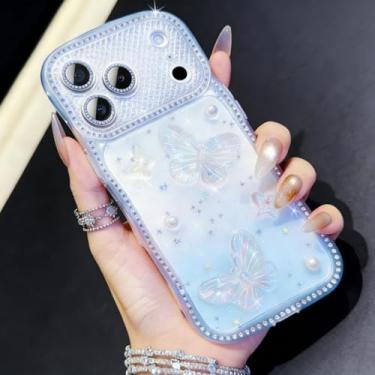 Imagem de QVLANG Capa com glitter para iPhone 17 Pro Max, design 3D de borboletas e pérolas com moldura ondulada, bordas revestidas de diamante e protetor de câmera integrado, linda capa de telefone brilhante