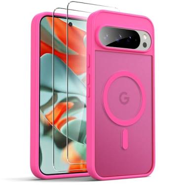 Imagem de Ikziwreo Capa magnética para Google Pixel 9 e 9 PRO XL, pacote com 2 protetores de tela, proteção total da câmera, capa protetora fosca translúcida à prova de choque, rosa vermelha
