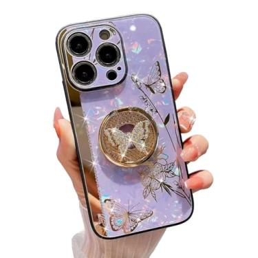 Imagem de Capa para iPhone 16 Pro Max para mulheres e meninas, capa de telefone para iPhone 16 Pro Max linda flor de borboleta de diamante com suporte de anel, glitter feminino pérola traseira capa de silicone