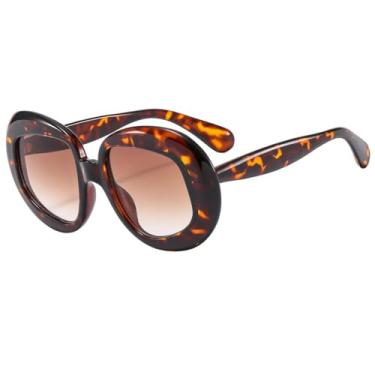 Imagem de HCHES Óculos de Sol Redondos Femininos de Luxo com Armação em Degradê e Cores Contrastantes, Estilo Retrô, Proteção UV400 (Estampa de Leopardo)