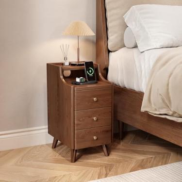 Imagem de Mesa de cabeceira estreita, mesa de cabeceira estreita de madeira maciça de nogueira para pequenos espaços, sala de estar, mesas de cabeceira finas modernas de meados do século com 3 gavetas, mesa de