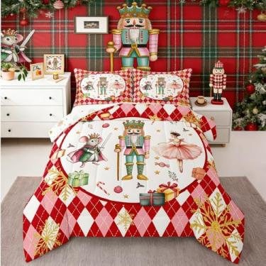 Imagem de Jogo de cama com estampa de quebra-nozes rosa, desenho animado e mouse, princesinha, balé, quadriculado, geométrico, floco de neve, edredom King, enfeites de Natal vermelhos, decorações de Natal