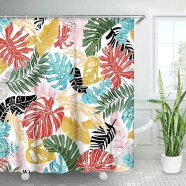 Imagem de Cortina de chuveiro tropical folha Monstera Cortina de banheiro planta colorida palmeira folhas de bananeira verde rosa decoração de banheiro 53 x 79 pol. - 135 x 200 cm/L x A cortina de chuveiro