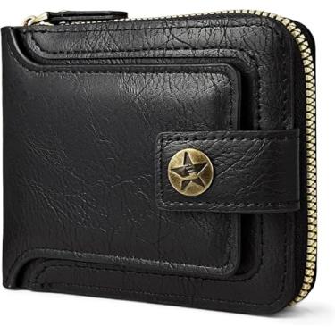 Imagem de Carteira masculina de couro PU, mini carteira masculina dobrável portátil com 10 compartimentos para cartão e bolso com zíper, fivela de grande capacidade, Preto, Portátil