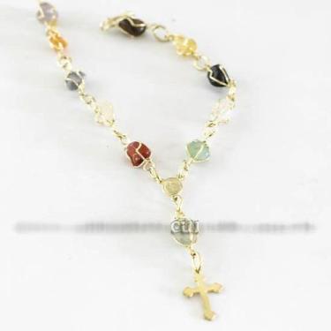 Imagem de Pulseira Terço de Pedra Mista Rolada em Gaiola Dourada - Atacado - Cri