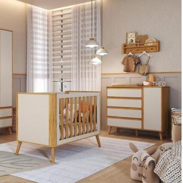 Imagem de Quarto de Bebê Cômoda 1 Porta e Berço Arredondado 3 em 1 100% MDF Luly