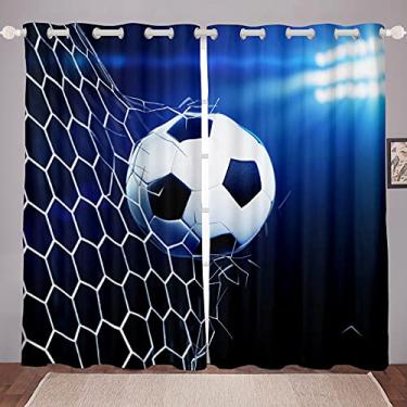 Imagem de Cortinas de janela de futebol 3D para decoração de futebol e bola de futebol para crianças, meninos, meninas, jovens, temas esportivos, cortinas de janela para quarto, sala de estar, azul brilhante, tratamentos de janela 106 cm L x 213 cm C, 2 painéis