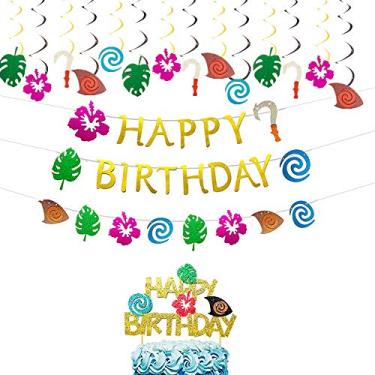 Imagem de Banner de aniversário de Moana JeVenis Glittery com 17 peças, artigos de festa Moana Topper de bolo Moana Decoração de festa de aniversário havaiana