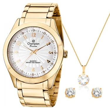 Imagem de Relógio Feminino Dourado Champion Analógico Prova D'agua CN29409D + Kit Colar e Brincos