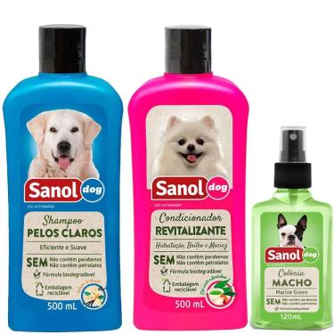 Imagem de kit completo banho cães: Shampoo para Cães Pelos Claros + Condicionador Revitalizante + Perfume colônia Machos - Sanol D