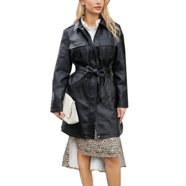 Imagem de CNSTORE Jaqueta feminina de couro de comprimento médio com cinto e manga comprida corta-vento de couro casaco britânico jaqueta de escritório