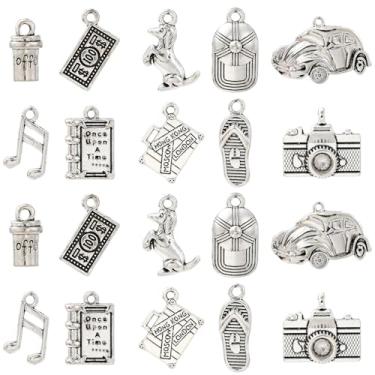 Imagem de DanLingJewelry 50 peças, 10 estilos, berloques de viagem tibetanos para viagem, carro, dólar, câmera, guia de livros, pingentes para fazer joias DIY