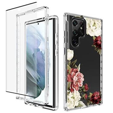 Imagem de Yodueiv Capa para Galaxy S22 Ultra/Samsung SM-S908U com protetor de tela de vidro temperado, capa protetora para celular com estampa floral transparente de corpo inteiro para Samsung Galaxy S22 Ultra
