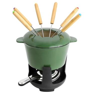 Imagem de MegaChef Conjunto de panela de fondue de ferro fundido esmaltado com 6 garfos de servir – perfeito para chocolate, queijo e fondue de lanche, panelas verdes vibrantes